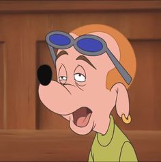 a cartoon character with sunglasses on his head and tongue sticking out to the left side