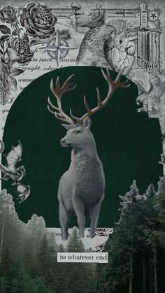 an altered photograph of a deer with antlers on it's head, surrounded by other animals