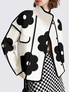 High Neck Women Printed Patchwork Jackets Fashion Black Flower Long Sleeve Lady Coat Casual Buttoned Autumn Outerwear 2024 New Retro Floral Print Winter Outerwear, Trendy White Floral Print Outerwear, White Floral Print Winter Outerwear, Soft Blazer, Diy Slippers, Stand Collar Jackets, Denim Inspiration, Coat White, Loose Coats