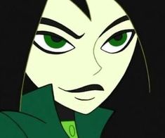 an animated image of a woman with green eyes and black hair, wearing a green coat