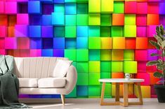 a living room with colorful walls and furniture