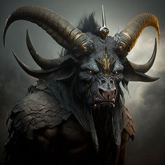 an artistic painting of a demon with large horns