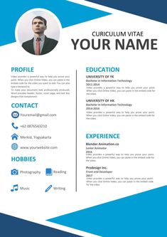 a blue and white resume template with an image on the front, side and back