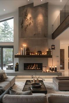 Long Fireplace Ideas, Wrap Around Hearth Fireplace, Old World Fireplace Ideas, Slanted Ceiling Fireplace Wall, Large Fireplace Ideas, Modern Style Homes Interior, 20 Ft Ceiling Living Rooms, Side Fireplace Living Room, Fireplace Tall Ceilings Living Room