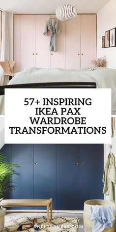 a bedroom with pink walls and blue furniture in the background, text overlay reads 5 + inspiring ikea pax wardrobes