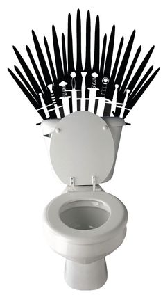 a white toilet with black knives sticking out of it's back rim and seat