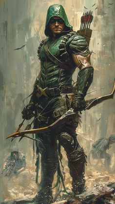 a painting of a man dressed in green holding a bow and arrow