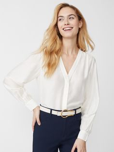 So luxe, so refined. Our silky Rinaldo blouse has a half placket shape and dress shirt cuffs for an air of elegance. | J.McLaughlin Women's Rinaldo Blouse Off White, Size XS | Cotton/Silk Elegant V-neck Top With Cuffed Sleeves, Classic V-neck Blouse For Daywear, Spring Silk Blouse For Business, Silk Business Blouse For Spring, Elegant V-neck Top With Button Cuffs, Chic Silk Business Blouse, Office V-neck Blouse With Blouson Sleeves, Chic Silk Blouse For Business, Elegant V-neck Blouse For Office