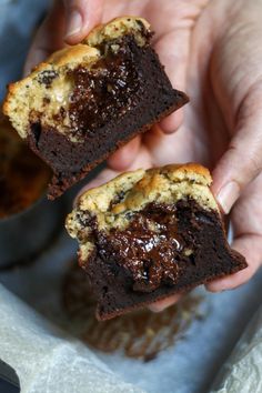 two pieces of chocolate cake in the palm of someone's hand, next to a muffin