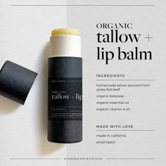 Organic Tallow + Lip Balm Nourish your lips with our handcrafted Organic Tallow + Lip Balm, made in small batches with the purest ingredients. Our lip balm features homemade tallow from grass-fed beef, organic beeswax, organic essential oils, and organic vitamin E oil--all sourced and crafted in California with love. This all-natural blend deeply hydrates and protects your lips, leaving them soft, smooth, and naturally beautiful. Embrace the luxury of organic care for your lips with a product that's as pure as it is effective. Experience the difference of small-batch, handcrafted quality--your lips deserve it. Homemade Tallow, Tallow Lip Balm, Lip Balm Ingredients, Homemade Oil, Organic Vitamins, Beauty Make-up, Organic Essential Oils, Grass Fed Beef, Vitamin E Oil