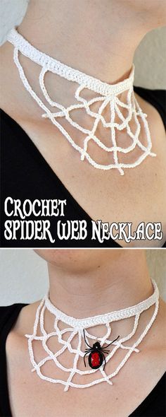 two pictures of the same choker with spider webs on it, one has a red bead