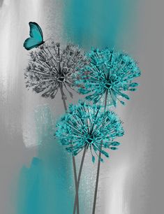 two blue flowers and a butterfly on a gray background with silver foiling, in the foreground is an aqua - green watercolor painting