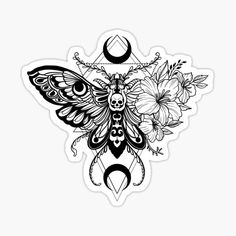 a black and white drawing of a butterfly with flowers on it's wings sticker