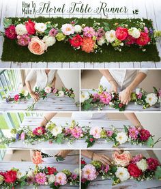 how to make a floral table runner with flowers and greenery on the top, along with