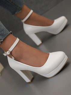 Blanco  Collar   Liso  Embellished White Pumps Heels, Trendy Heels, Stunning Shoes, White Platform, Platform Heels Chunky, White Heels, Bride Shoes