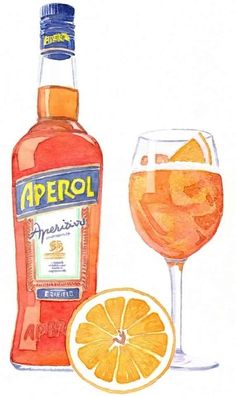 a bottle of aperol next to a glass with an orange slice