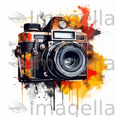 an old camera painted with watercolors and spray paint