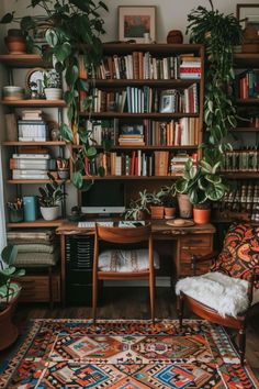 a living room filled with lots of plants and bookshelves next to a window