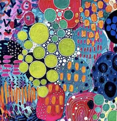 an abstract painting with lots of different colors and shapes on it, including circles and dots