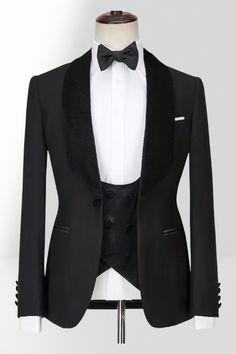 Discover Gentleman Black Shawl Collar  Velvet Vest Men Wedding Suit Three Piece with bradymensuit. Shop for a range of Black Shawl collar men's suits for every occasion with rush order service in cheap price. Tailored Tuxedo Suit For Groom, Wedding Tuxedo With Notch Lapel In Suiting Fabric, Custom Fit Tuxedo Blazer For Groom, Black Three-piece Suit For Groom With Notch Lapel, Tailored Suits For Groom, Black Three-piece Suit With Notch Lapel For Wedding, Black Three-piece Suit With Notch Lapel For Groom, Luxury Groom's Accessories, Groom's Tuxedo Suit