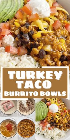 turkey taco burrito bowls with avocado and sour cream in the middle