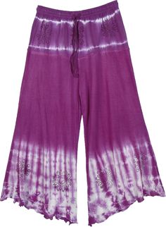 A simple and chic pair of hippie pants in lightweight and soft fabric for summers.  These purple bohemian palazzo pants in jersey cotton with white tie dye effect and floral deigns are ideal for yoga classes or beach vacations. #tlb #SplitSkirtsPants #JuniorPetite #vacationclothing #TieDye #tiedyecapris #bohemiancapris Summer Purple Wide Leg Pants, White Rayon Bottoms For Summer, Summer Purple Cotton Wide Leg Pants, White Bohemian Harem Pants For Summer, Purple Cotton Wide Leg Pants For Summer, Purple Cotton Wide Leg Pants For Spring, White Hippie Bottoms For Summer, Purple Wide-leg Pants For Summer, Summer Purple Wide Leg Harem Pants