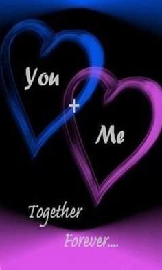 two hearts with the words you and me together in blue, pink, and purple