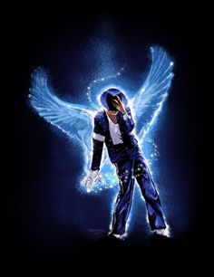 the man is dressed in blue and has an angel on his back, with wings outstretched