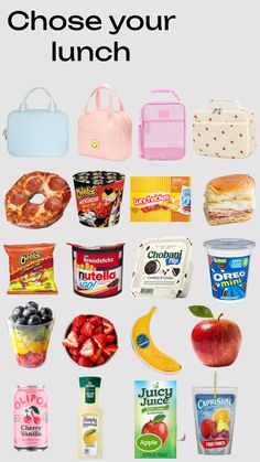 an image of lunch boxes with the words choose your lunch on it and other food items