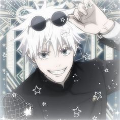 an anime character with white hair and sunglasses on his head, pointing to the side