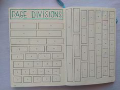 an open page in a book with numbers and words on the pages, which are labeled page divisiones