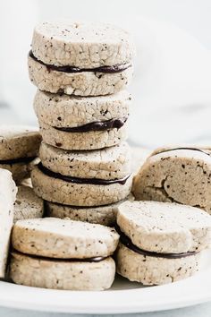 a white plate topped with cookies covered in chocolate