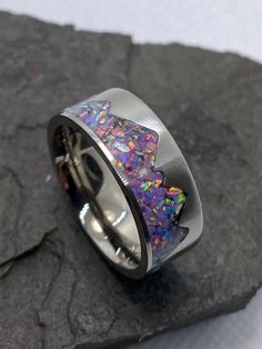 Beautiful Mountain scene. Cremation jewelry for ashes gives you the unique opportunity to remember and honor someone you've lost.  By carrying their memory with you throughout your day allowing you to feel close and connected to the beautiful memories you have created together. Cremation memorial ash rings are custom made with the ashes of your loved one or pet. Each of these beautiful keepsake rings are handmade, one at a time with the upmost care and respect.   The ashes becomes part of the ring and can always be kept close to your heart. No two rings are the exact same, making each of them one of a kind and unique; a gift that will last forever. This ring contains your loved ones ashes once the ring is ordered I will message you with instructions on how to mail your cremation ash to be Sterling Silver Keepsake Rings, Silver Titanium Promise Jewelry, Titanium Promise Ring, Silver Keepsake Ring, Titanium Ring For Anniversary, Personalized Memorial Ring, Personalized Memorial Ring Jewelry, Ashes Ring Cremation Jewelry, Memorial Jewelry Ashes Ring