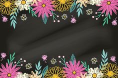 a black background with colorful flowers and leaves on the bottom right corner is an empty space for text