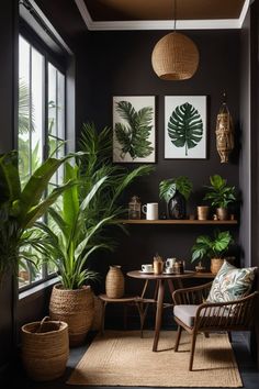 Cozy room with houseplants, wicker decor, and botanical artwork. Coffee Bar With Plants, Tropical Cozy Living Room, Black Tropical Living Room, Bird Of Paradise Plant Living Room, Tropical Coffee Shop Interior Design, Tropical Rattan Living Room, Coffee Nooks, Coffee Table Inspiration, Window Garden