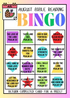 the august bible reading bingo game is shown with colorful text on it and an image of a