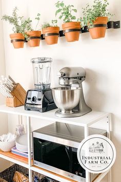 an industrial farm co kitchen shelf with plants and appliances on it, along with the words industrial farm co