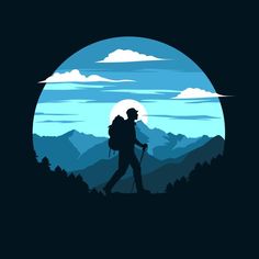 the silhouette of a man with a backpack on top of a mountain