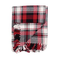 a red and black plaid scarf on a white background with fringes around the edges