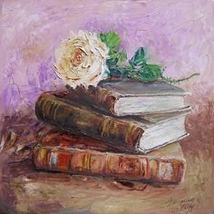 a painting of books and a flower on a table