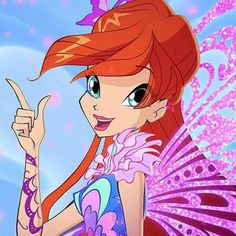 a cartoon character with red hair and butterfly wings pointing to the side while standing in front of a purple background