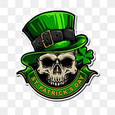 a skull wearing a green hat with the words st patrick's day on it