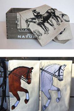 three tea towels with horse images on them