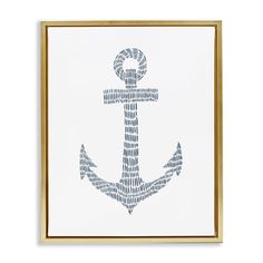 an anchor is drawn on a white paper in a gold frame with blue and white lettering