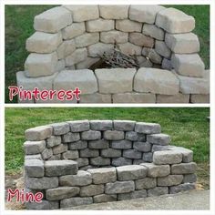 two pictures side by side with the same brick fire pit