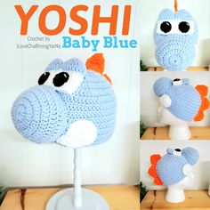 there is a crocheted baby blue fish hat on a mannequin head