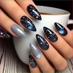 Take some time for self-care and indulge in a relaxing nail painting session. Experiment with different designs and techniques Pink And Blue Cat Eye Nails, Celestial Gel Nails, Nasa Nails, Nail Art Designs Purple, Night Sky Nails, Vtuber Reference