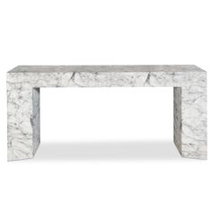 a white marble table with two legs and a long rectangular top, on a white background