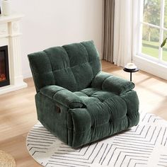 a green recliner sitting on top of a white rug