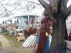 the yard is full of junk and old furniture, including an old fenced in tree